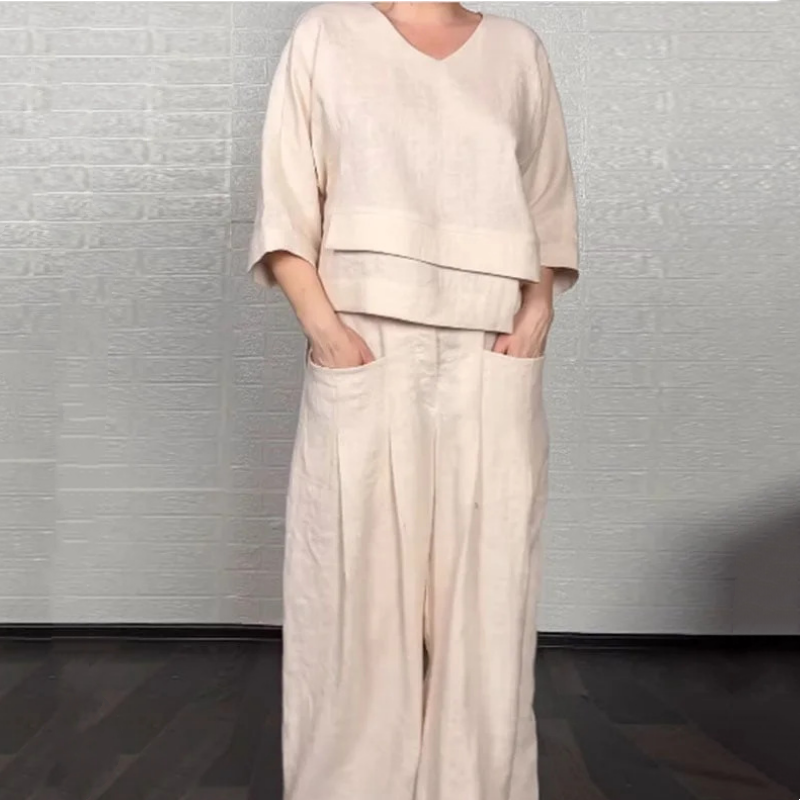 Liza – 2-piece cotton-linen set – V-neck top and wide-leg trousers – image 4