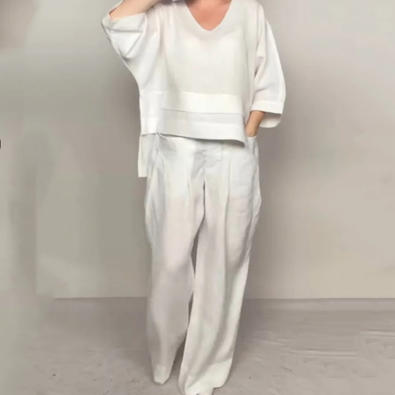 Liza – 2-piece cotton-linen set – V-neck top and wide-leg trousers – image 6