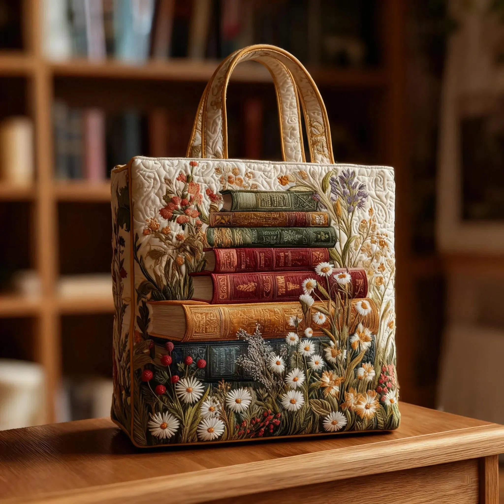 Embroidered book and floral tote bag