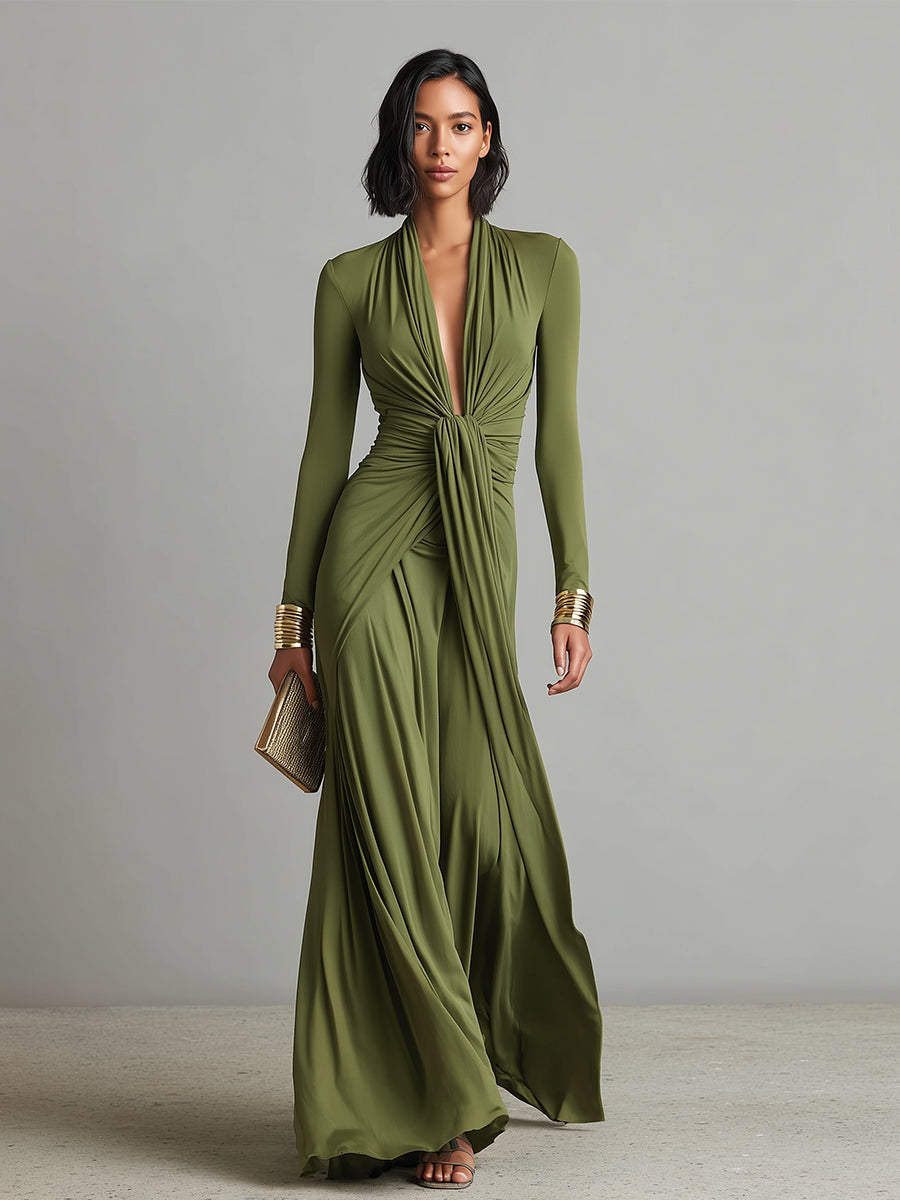 Olive Green Long Elastic Silk Dress with Deep V-Neck and Ruched Details, Glamorous Maxi Dress – image 4