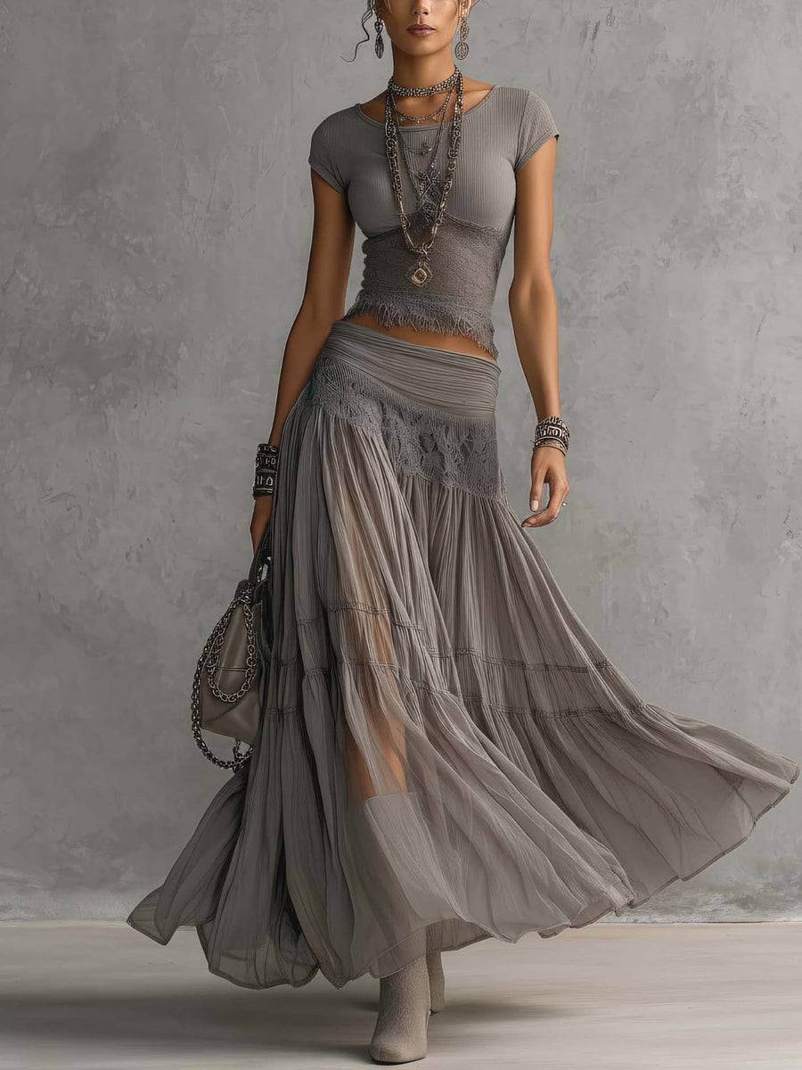 Esther - Knit And Chiffon Lace Set