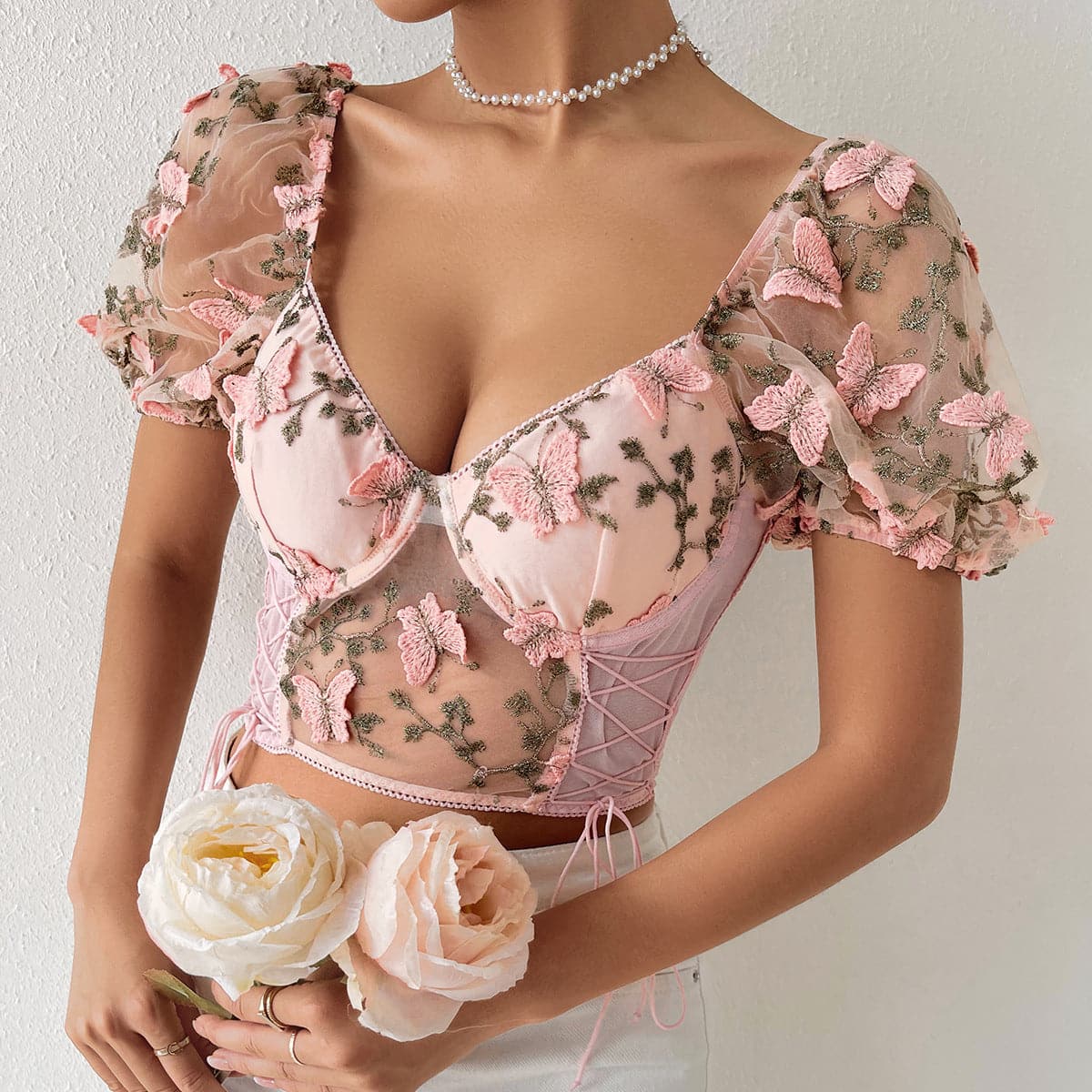 Butterfly embroidery drawstring mesh lace up bustier crop top – image 2