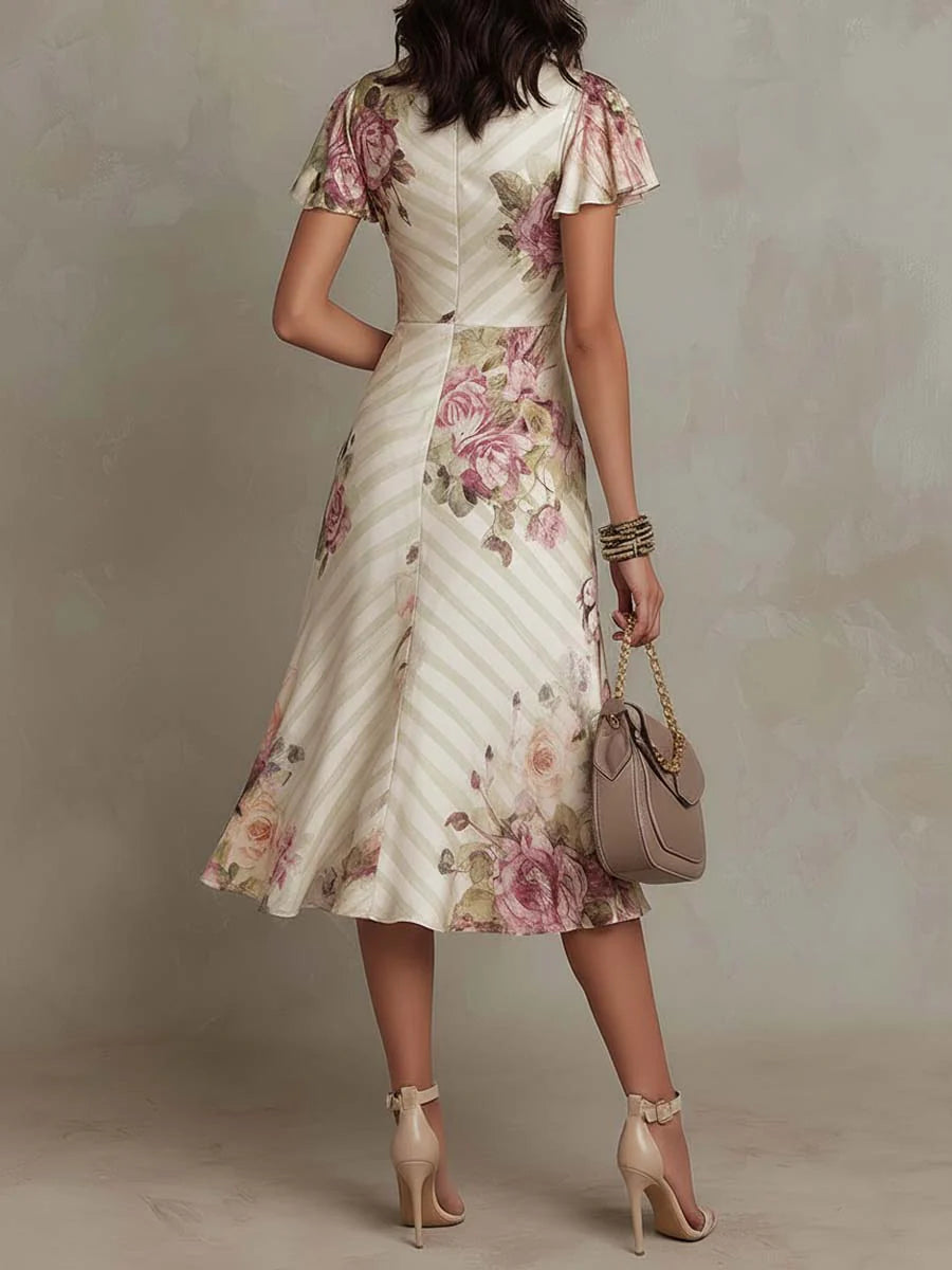 Alba – Elegant Retro Floral Satin Midi Dress – image 2