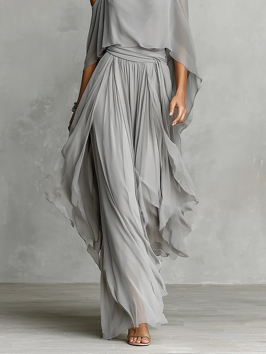 Isabella – Grey Flowing Top & Chiffon Trousers Set – image 3
