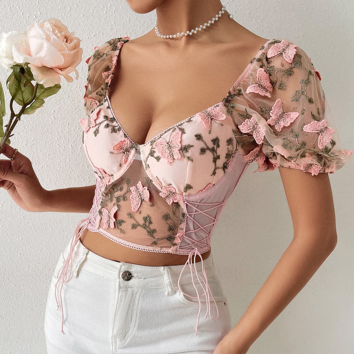 Butterfly embroidery drawstring mesh lace up bustier crop top – image 4