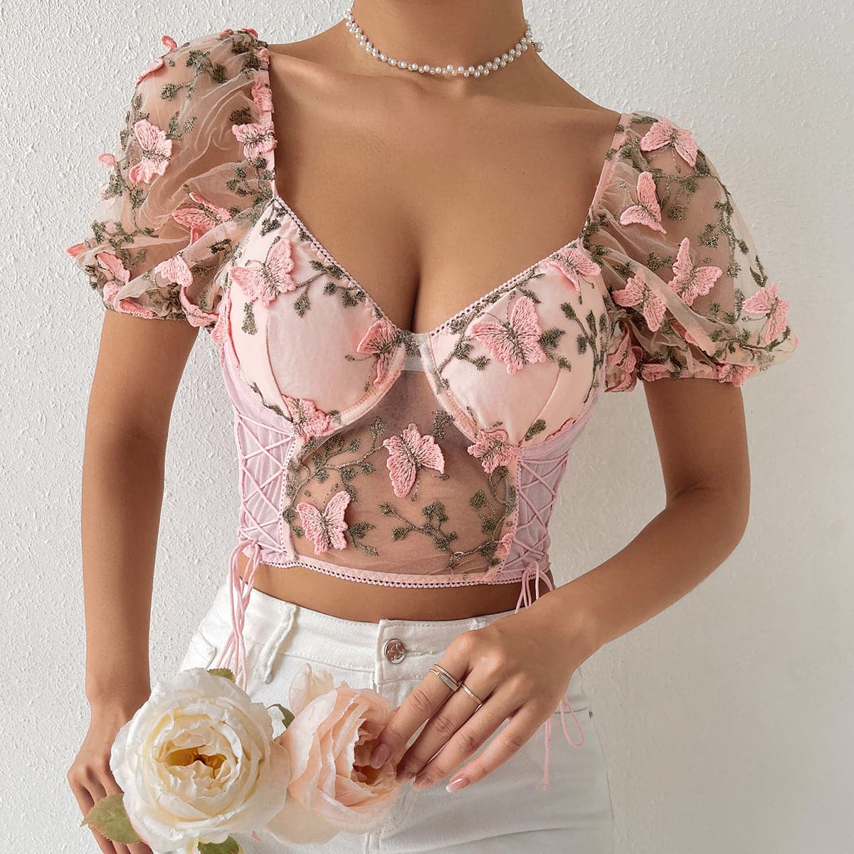 Butterfly embroidery drawstring mesh lace up bustier crop top – image 3