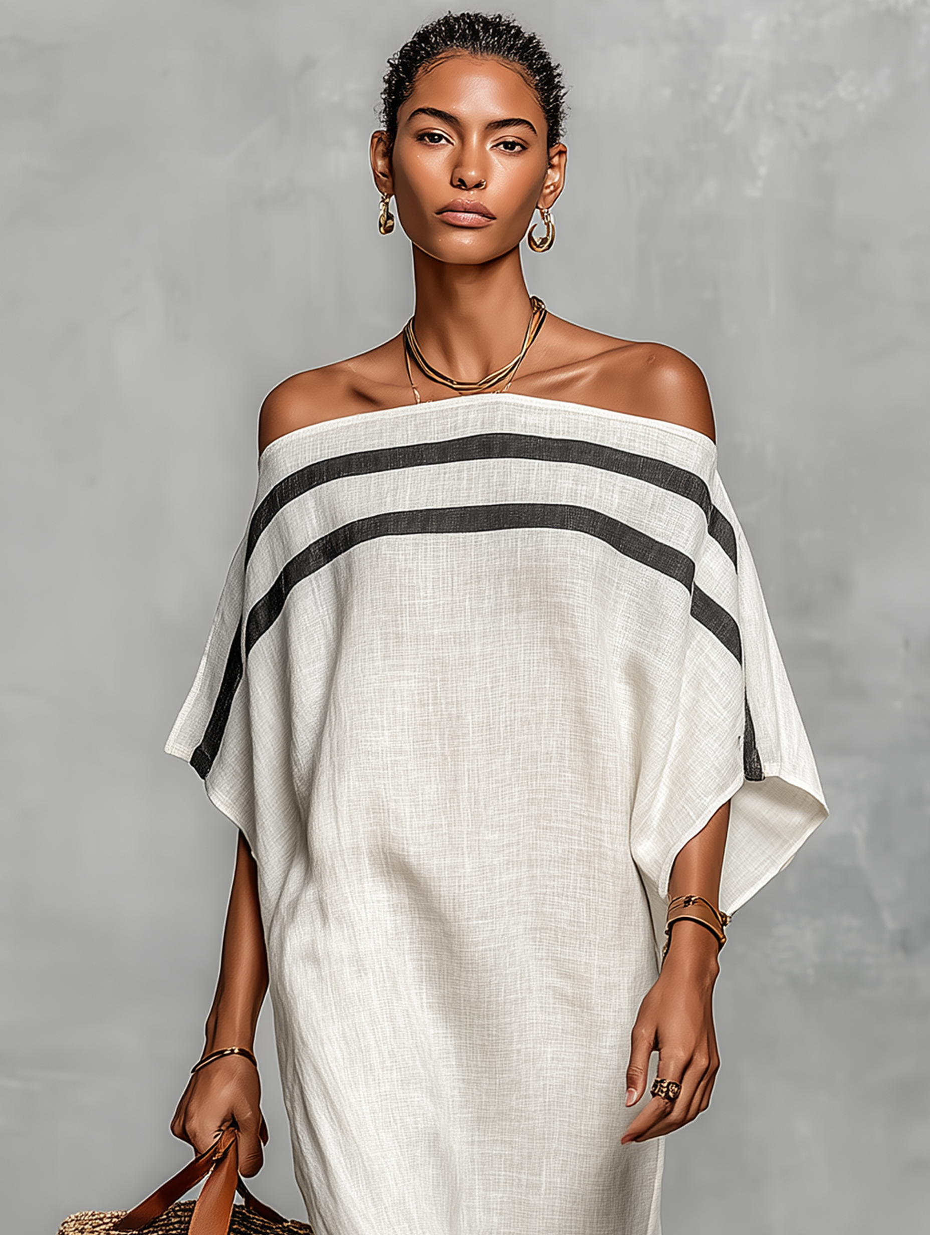 Women's Minimalist Linen Maxi Dress with Off-the-Shoulder Batwing Sleeves – image 5