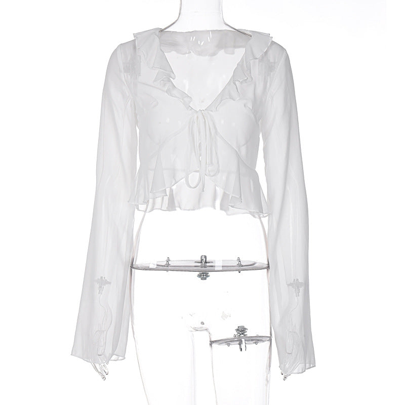 Chiffon see through ruffled long sleeve top – image 8