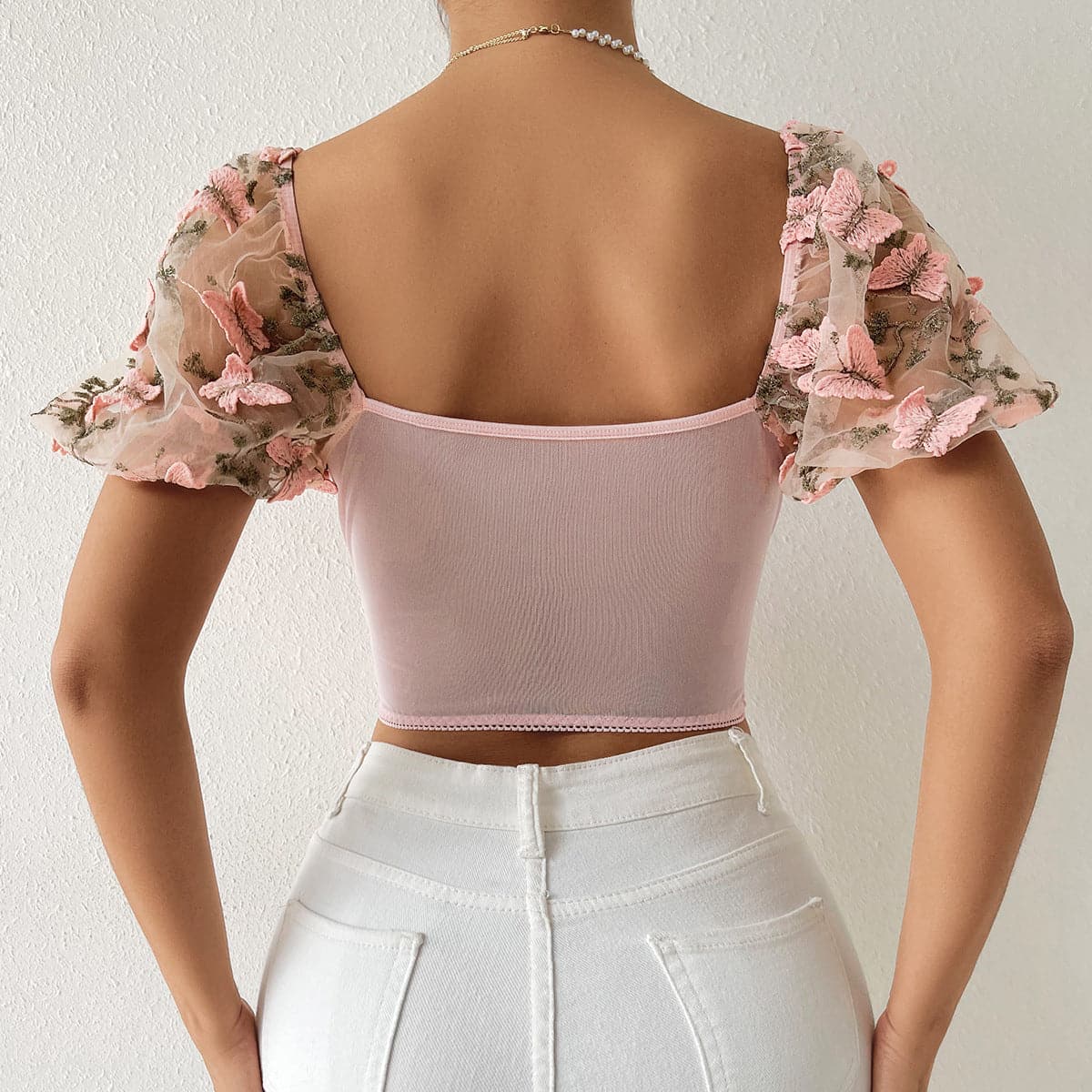 Butterfly embroidery drawstring mesh lace up bustier crop top – image 6