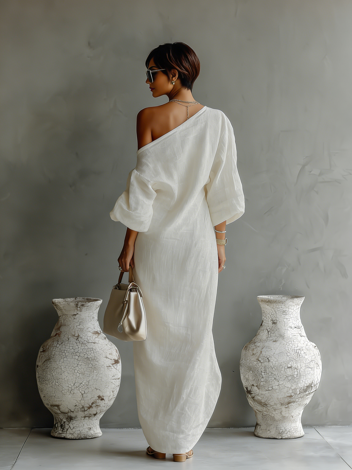 Elegant Flowing Cotton-Linen Dress in Ivory White with One-Shoulder Design – image 8