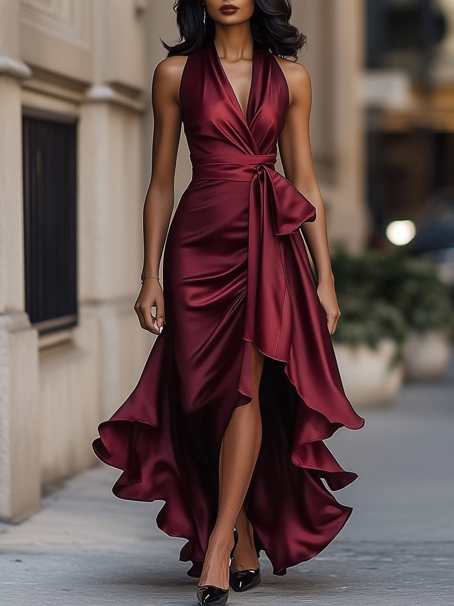 Midnight Elegance Satin Halter Ruffle Gown – image 7