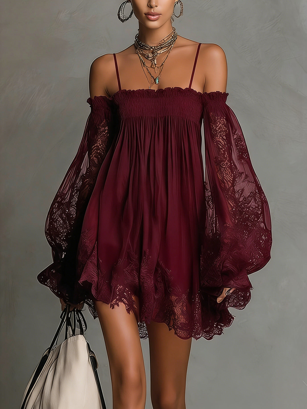 Noemi – Chiffon mini dress with an off-the-shoulder neckline, lace trim, and sheer sleeves – image 10