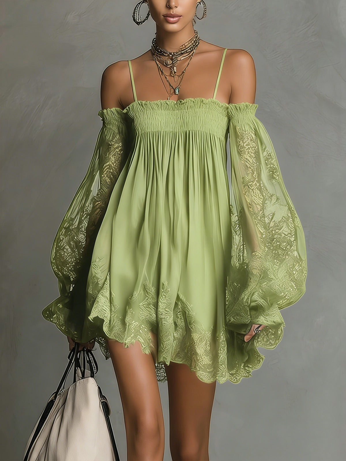 Noemi – Chiffon mini dress with an off-the-shoulder neckline, lace trim, and sheer sleeves – image 7