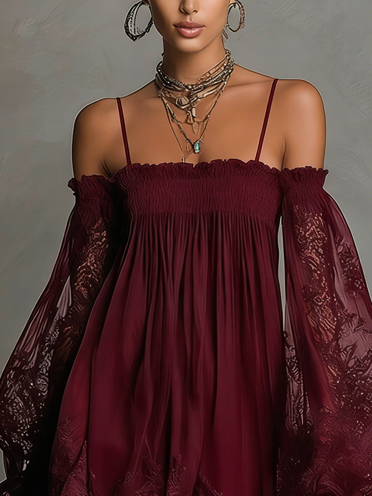 Noemi – Chiffon mini dress with an off-the-shoulder neckline, lace trim, and sheer sleeves – image 11