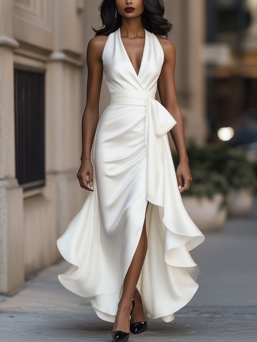 Midnight Elegance Satin Halter Ruffle Gown – image 9
