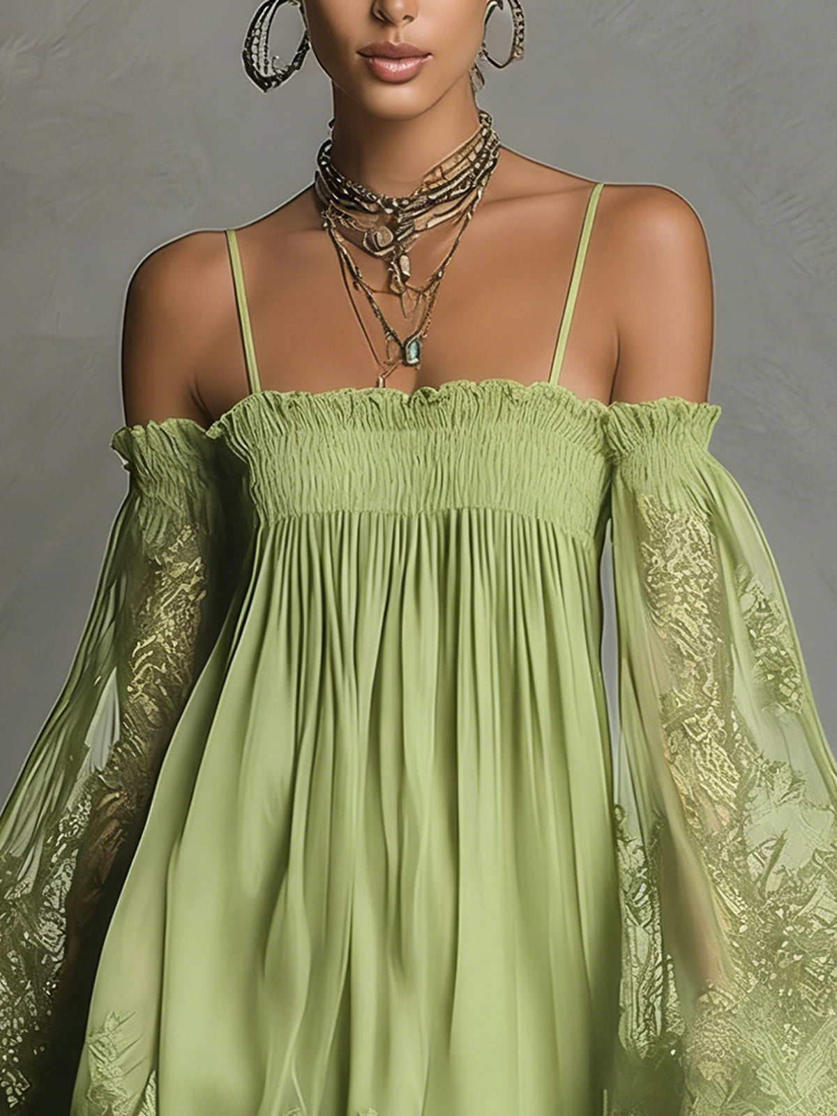 Noemi – Chiffon mini dress with an off-the-shoulder neckline, lace trim, and sheer sleeves – image 8