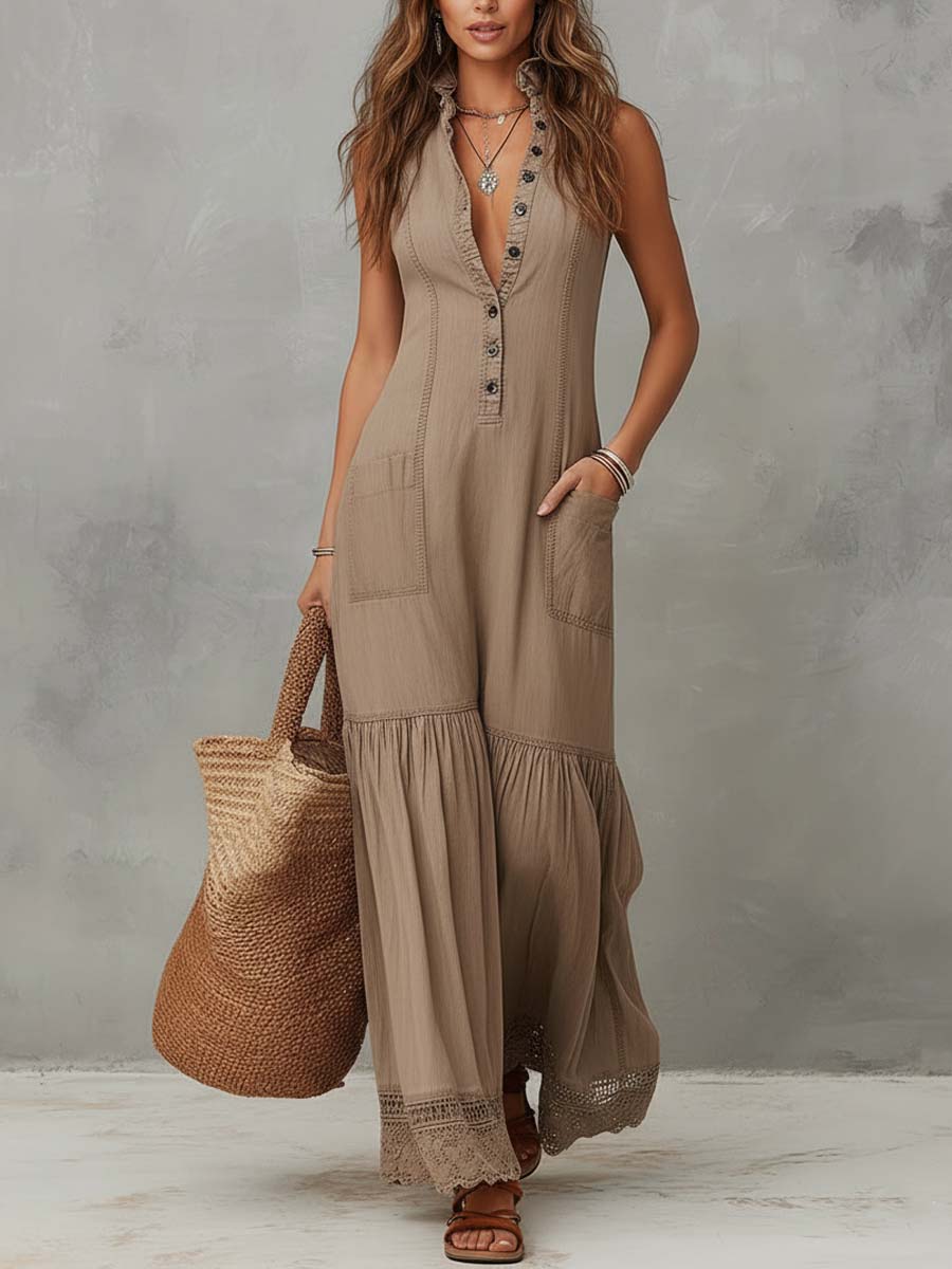 Classic Khaki Pure Cotton Sleeveless Maxi Dress – image 3