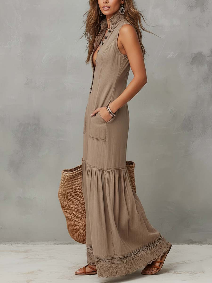 Classic Khaki Pure Cotton Sleeveless Maxi Dress – image 2
