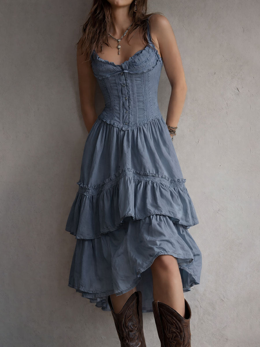 Retro Boho White Corset Tiered Midi Dress With Lace-Trim – image 3
