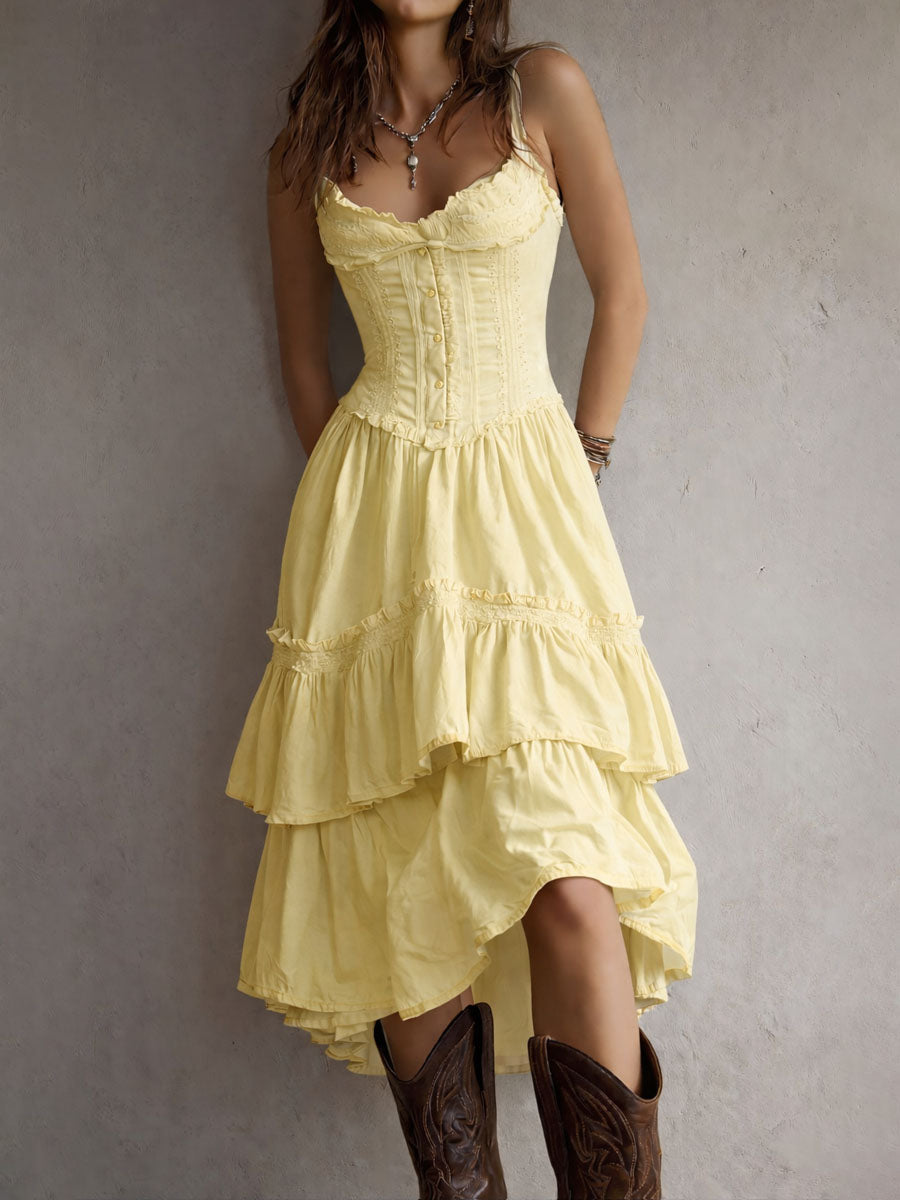 Retro Boho White Corset Tiered Midi Dress With Lace-Trim – image 5