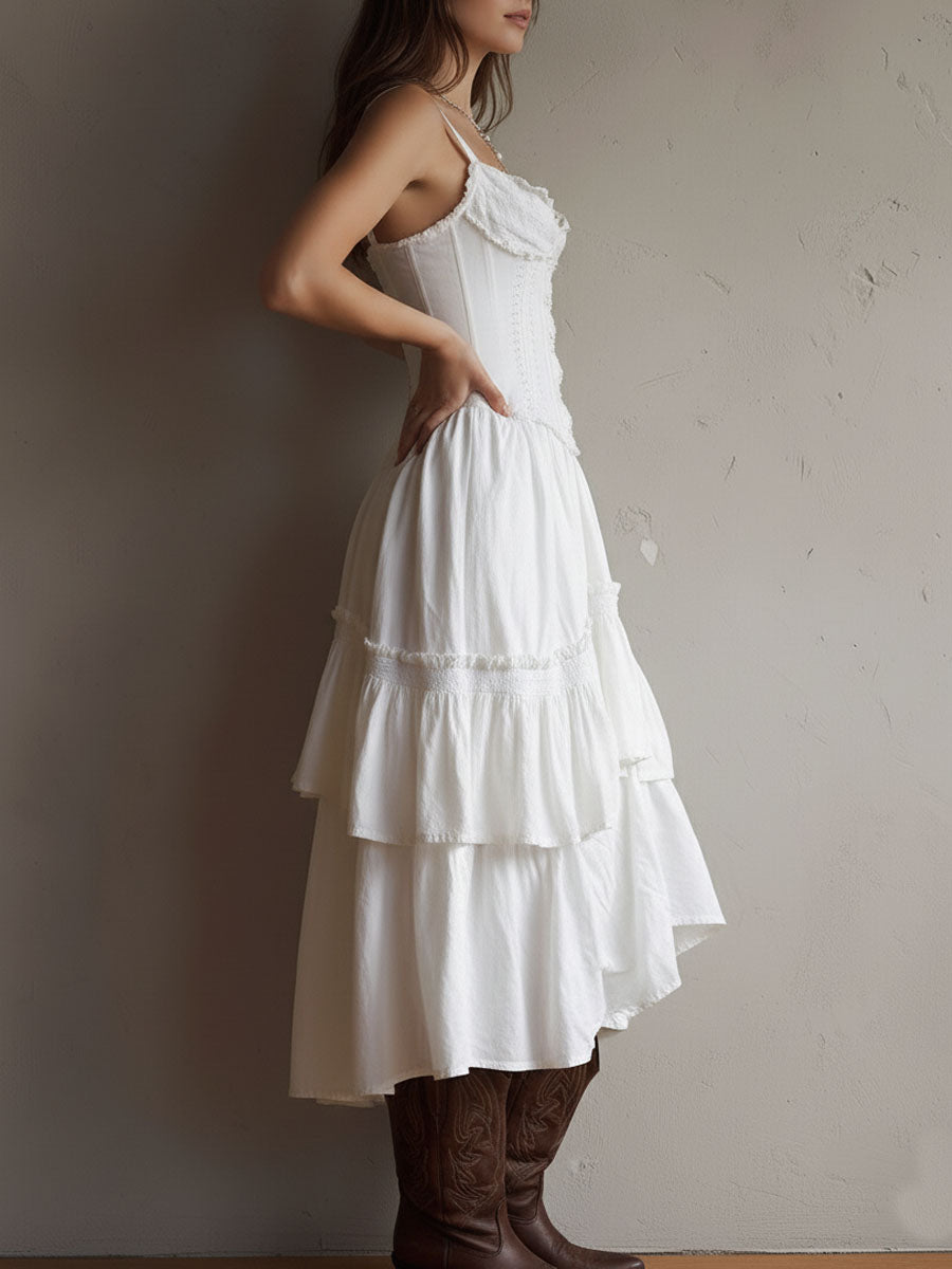 Retro Boho White Corset Tiered Midi Dress With Lace-Trim – image 9