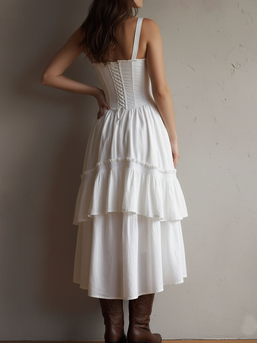 Retro Boho White Corset Tiered Midi Dress With Lace-Trim – image 10