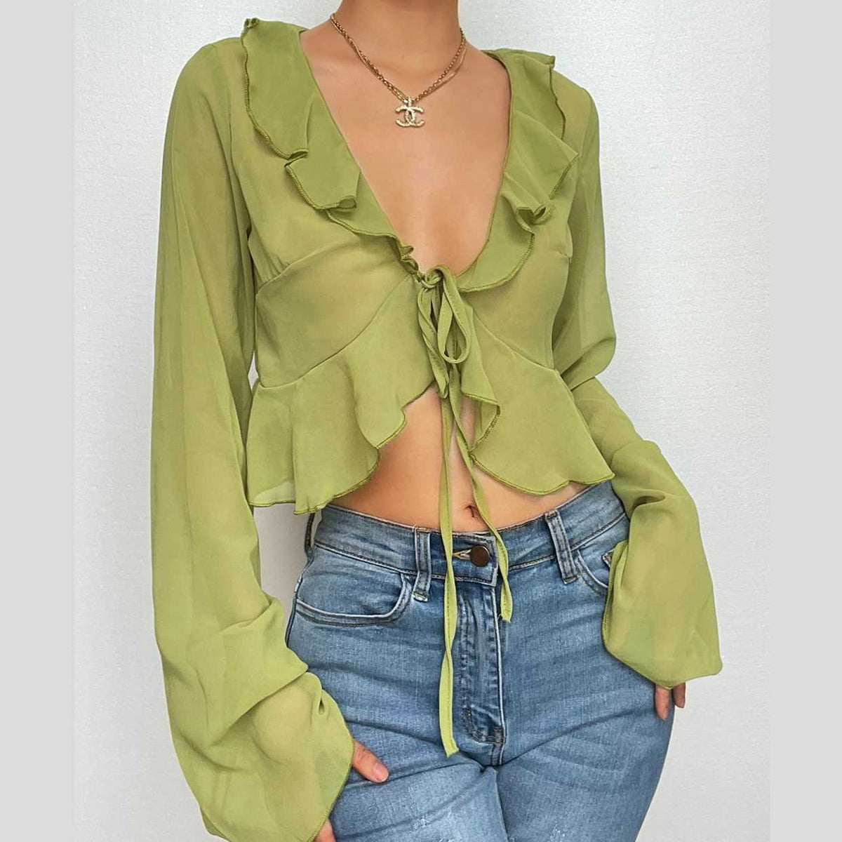 Chiffon see through ruffled long sleeve top – image 1