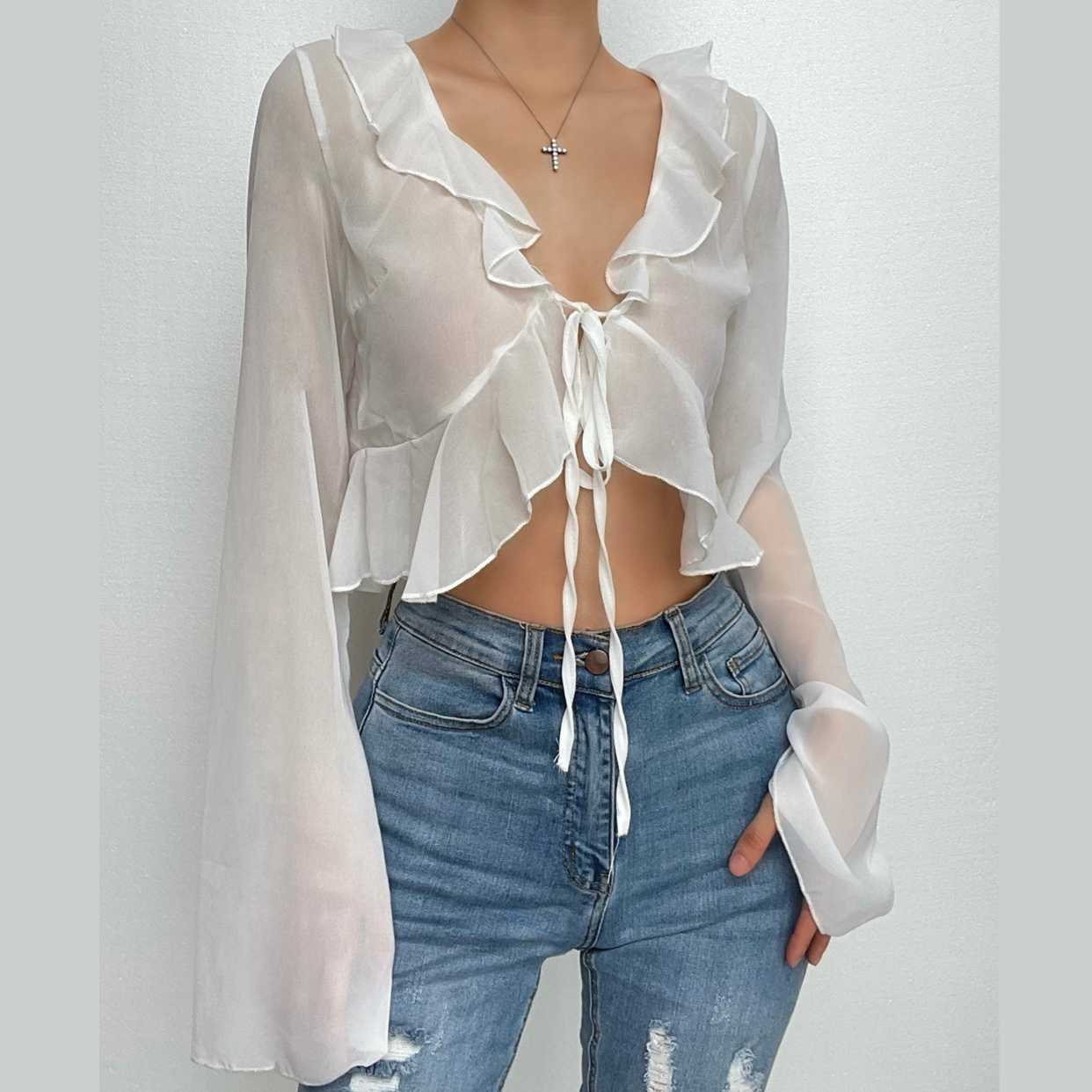 Chiffon see through ruffled long sleeve top – image 9
