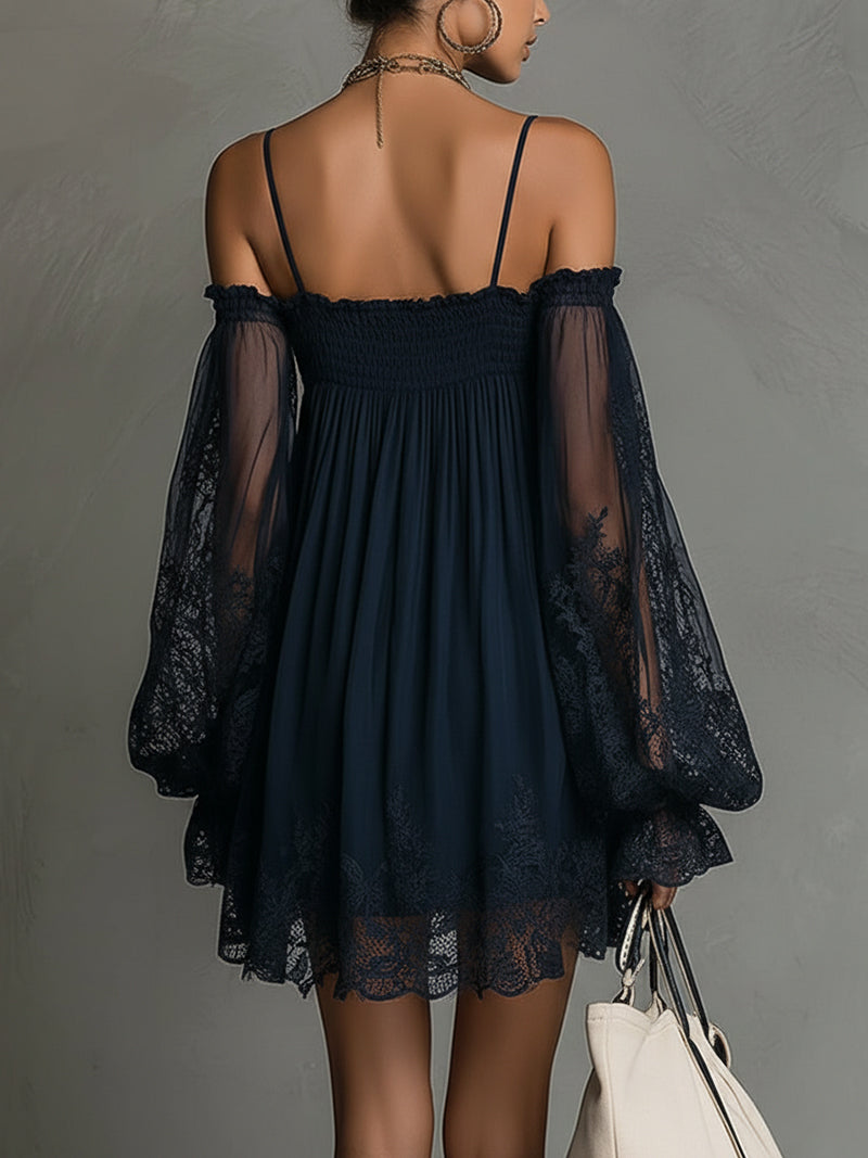 Noemi – Chiffon mini dress with an off-the-shoulder neckline, lace trim, and sheer sleeves – image 2