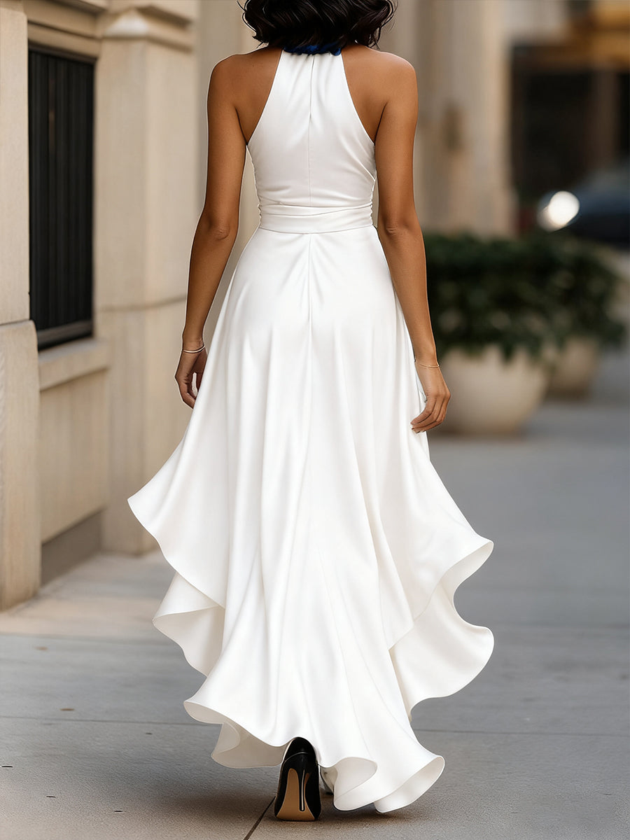 Midnight Elegance Satin Halter Ruffle Gown – image 10