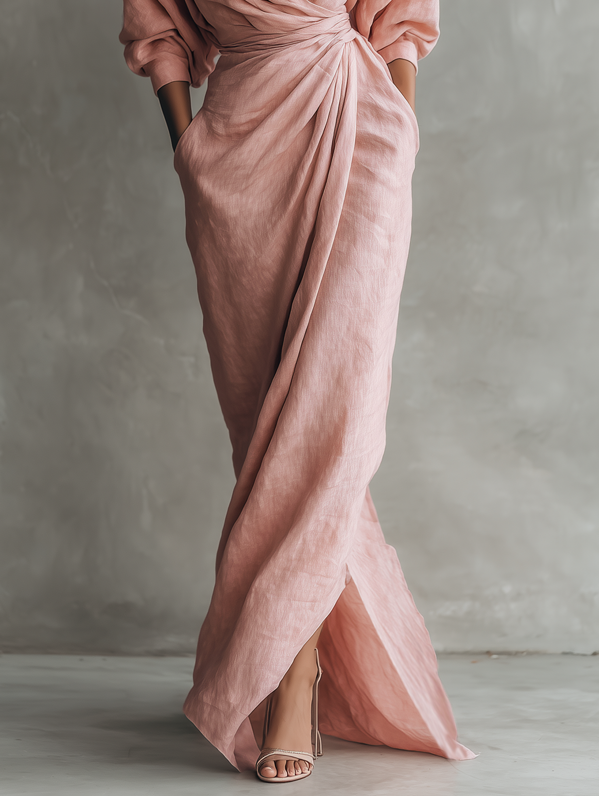 Women's Minimalist Maxi Dress in Pink with V-Neck, Linen Blend – image 7