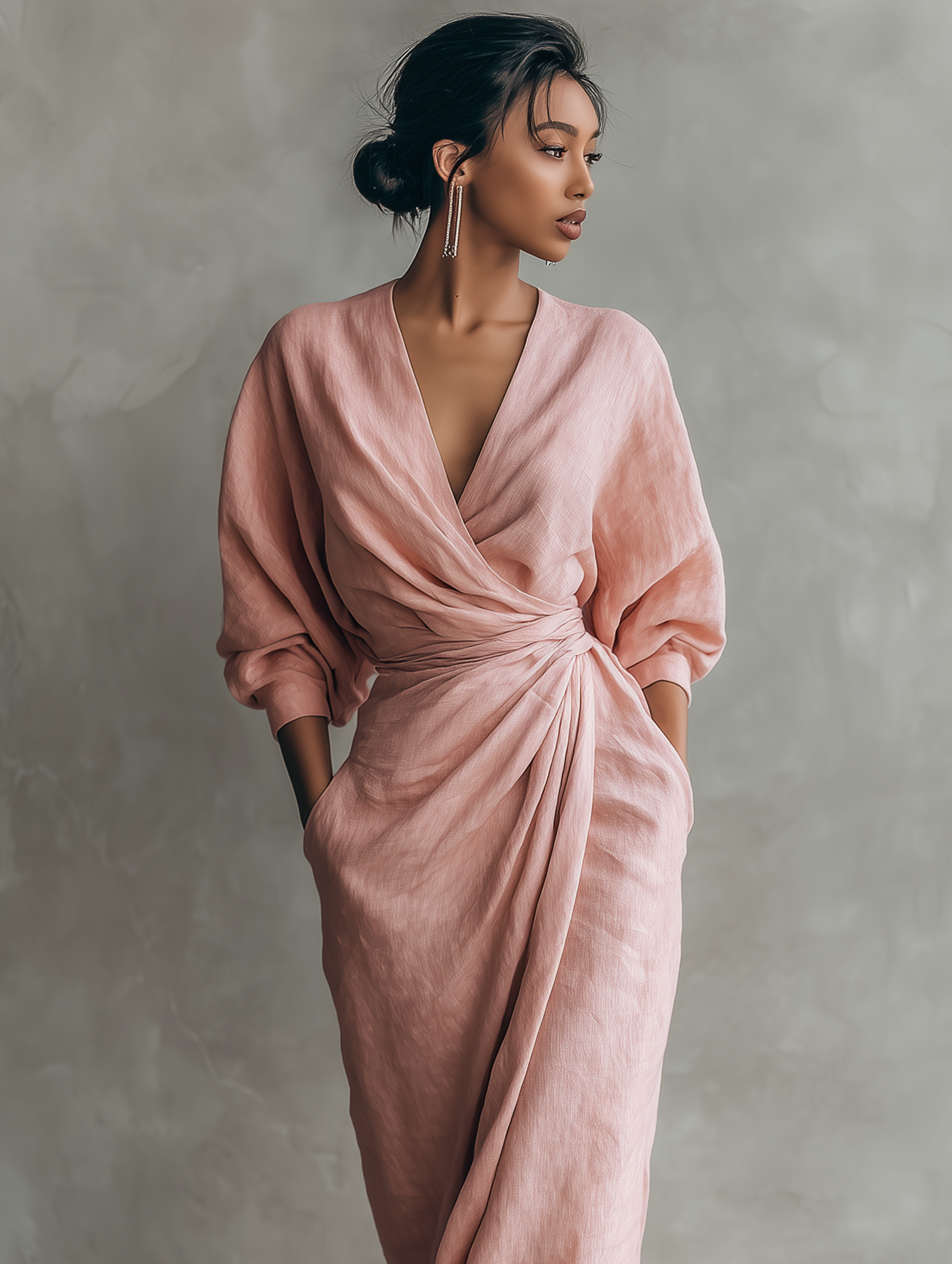 Women's Minimalist Maxi Dress in Pink with V-Neck, Linen Blend – image 6