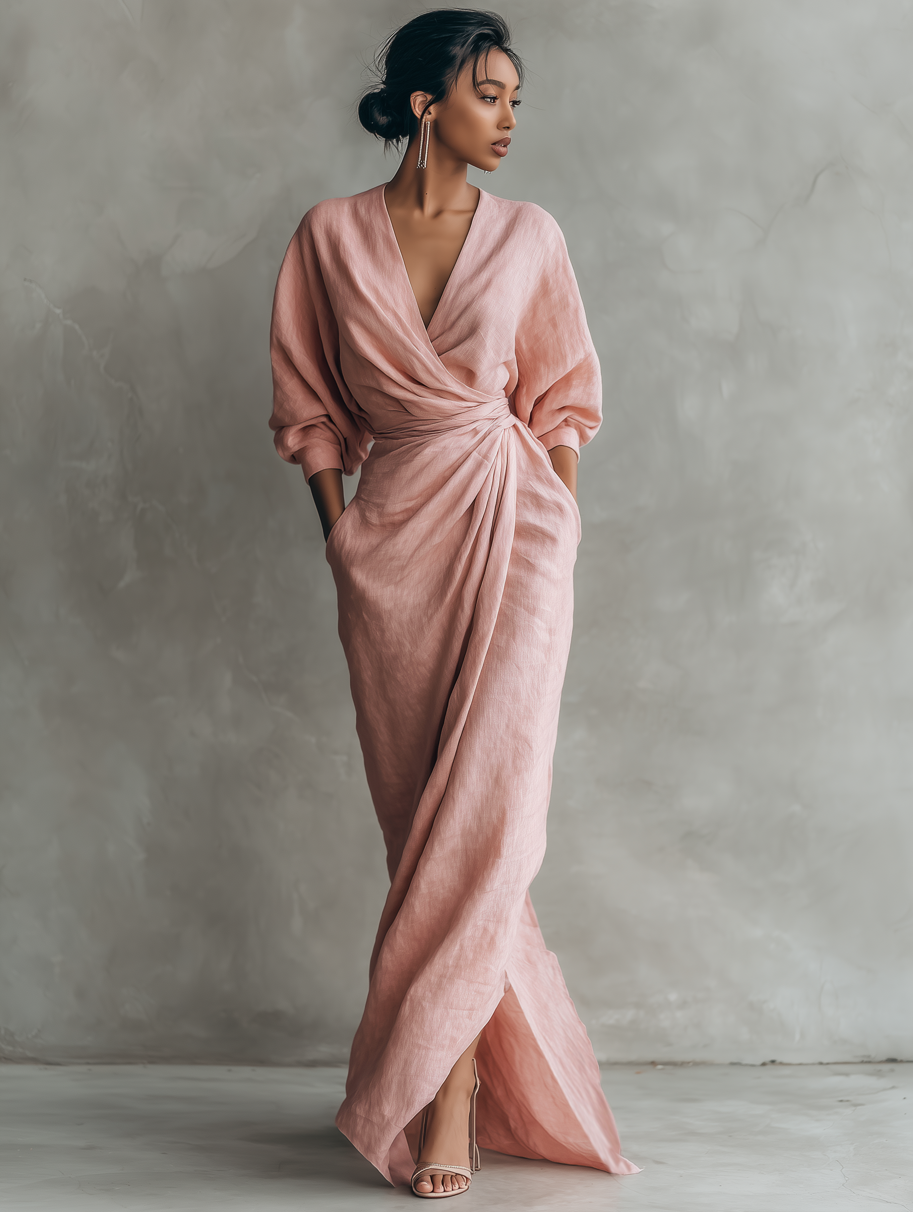 Women's Minimalist Maxi Dress in Pink with V-Neck, Linen Blend – image 5