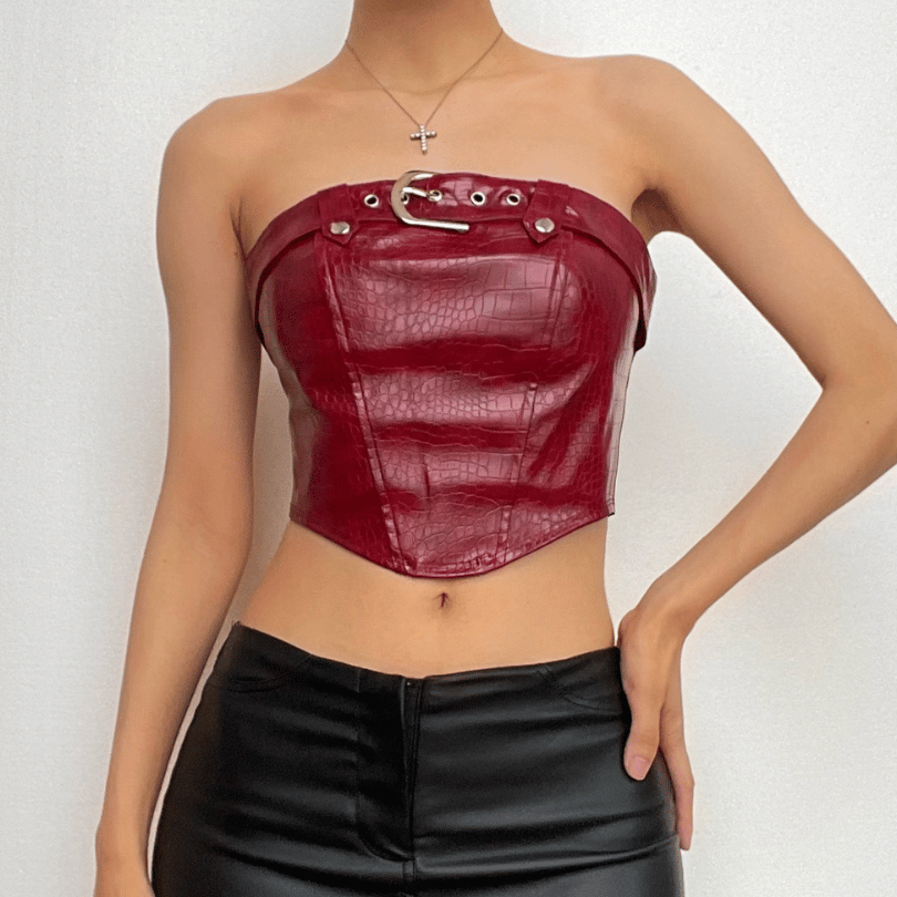 PU leather buckle backless zip-up crop tube top – image 1