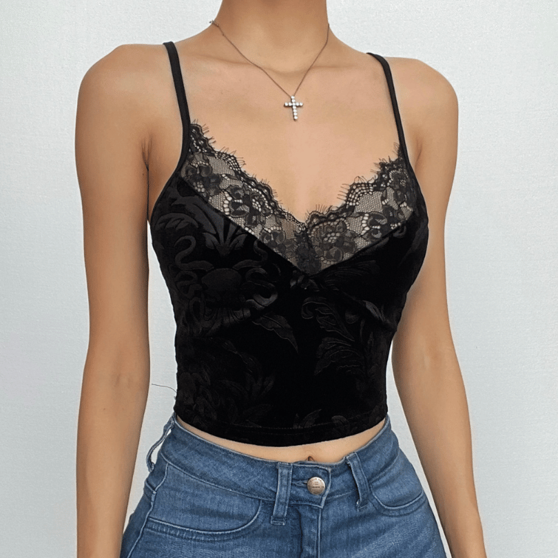 Velvet pattern eyelash lace v neck cami top – image 1
