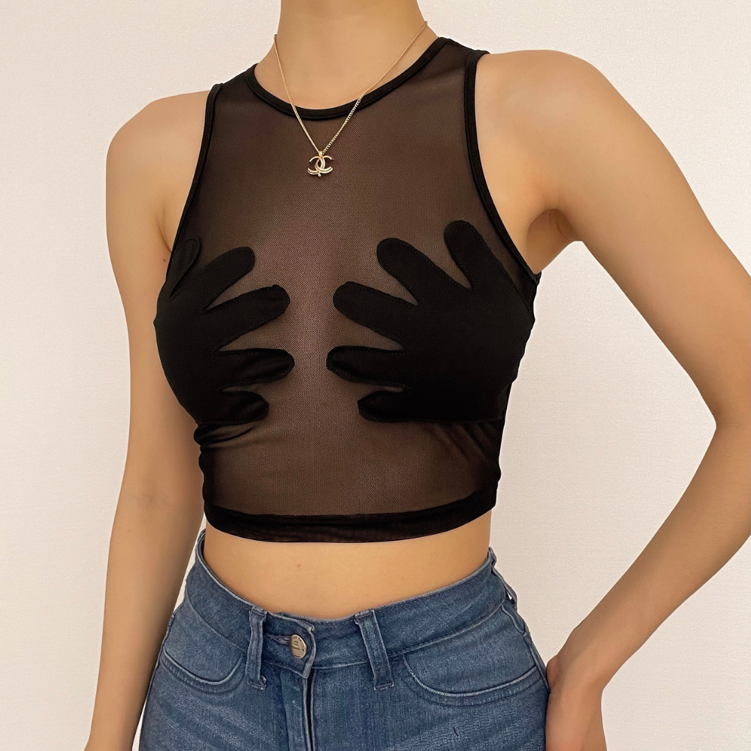 Sheer mesh see through palm embroidered crewneck crop top – image 1