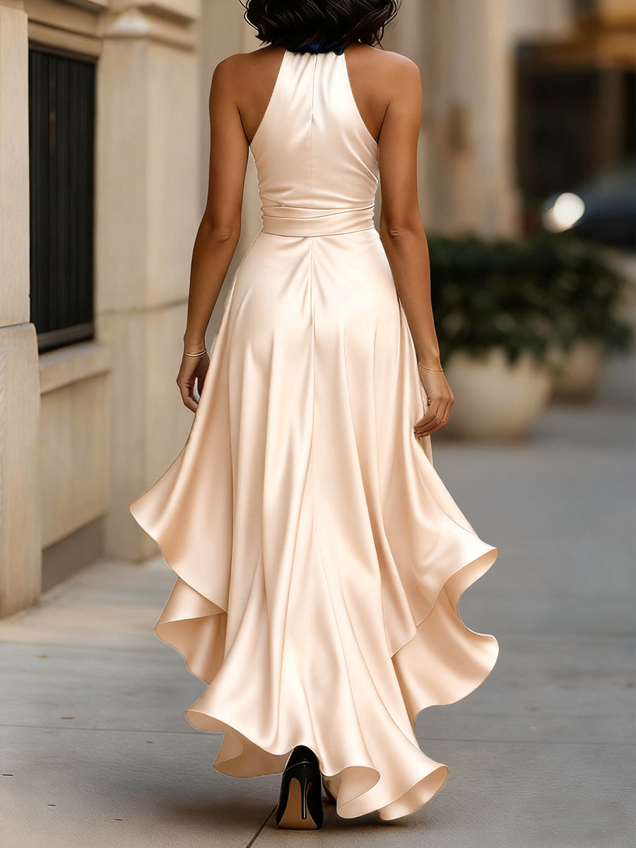 Midnight Elegance Satin Halter Ruffle Gown – image 6
