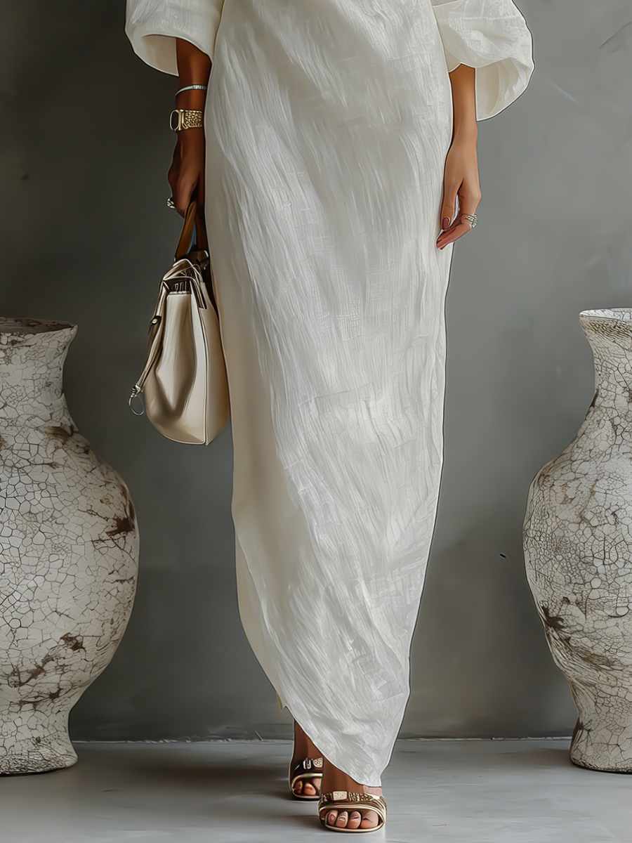 Elegant Flowing Cotton-Linen Dress in Ivory White with One-Shoulder Design – image 6