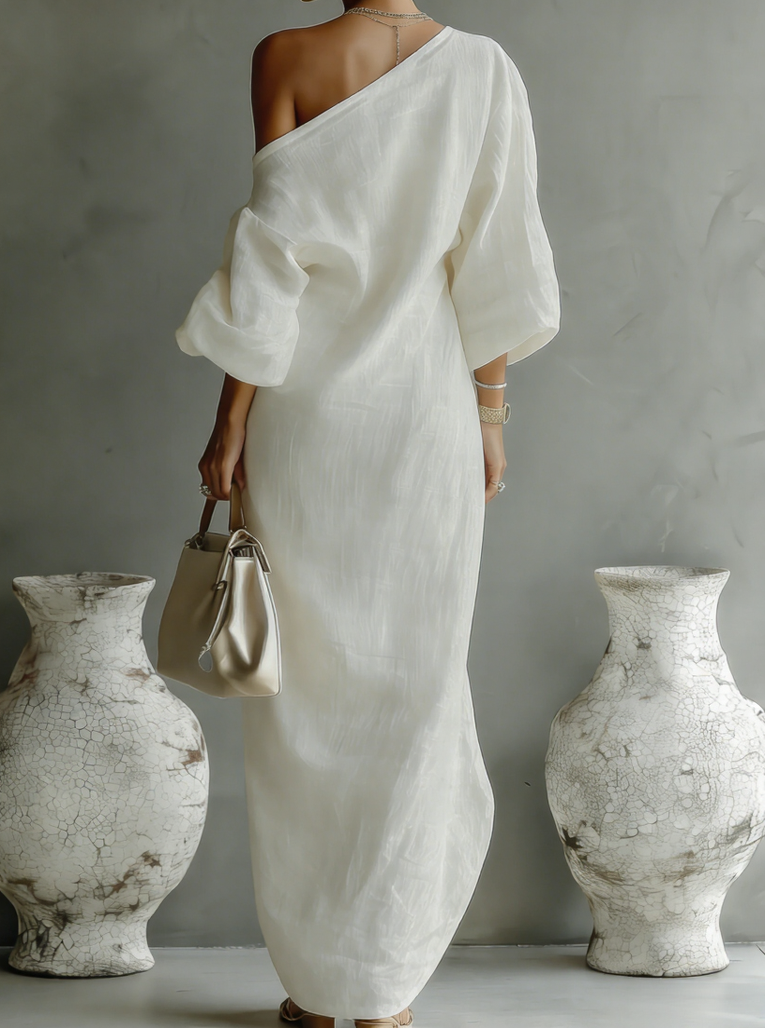 Ivory White One-Shoulder Cotton-Linen Maxi Dress – image 2