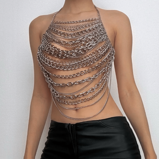 Halter layered metal chain hollow out backless cut out top – image 2