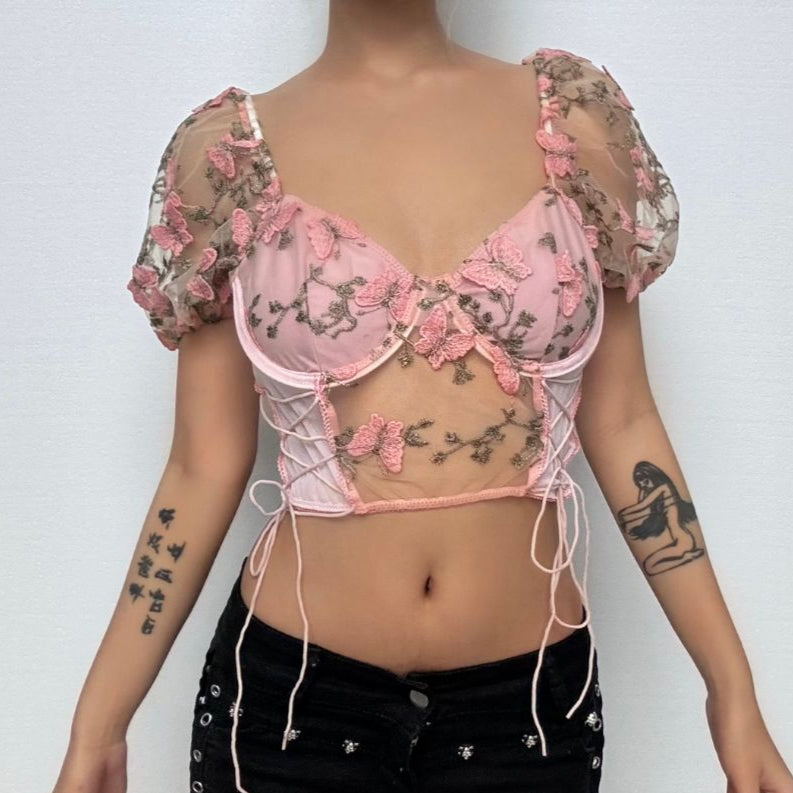Butterfly embroidery drawstring mesh lace up bustier crop top – image 1