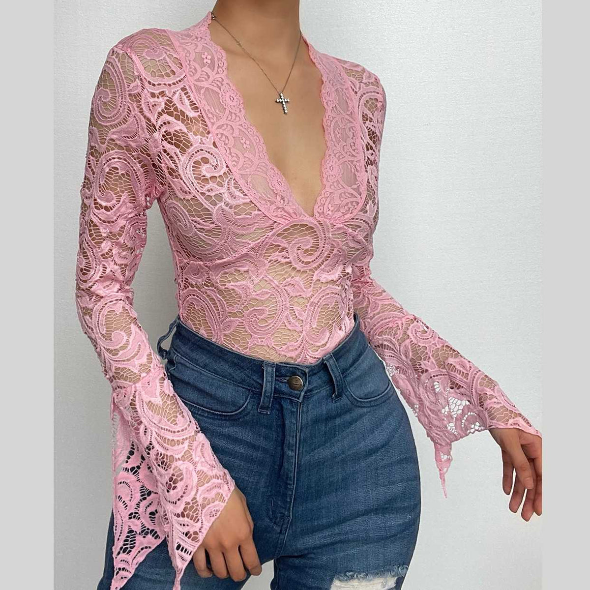 Flared sleeve v neck lace see through solid top – image 1