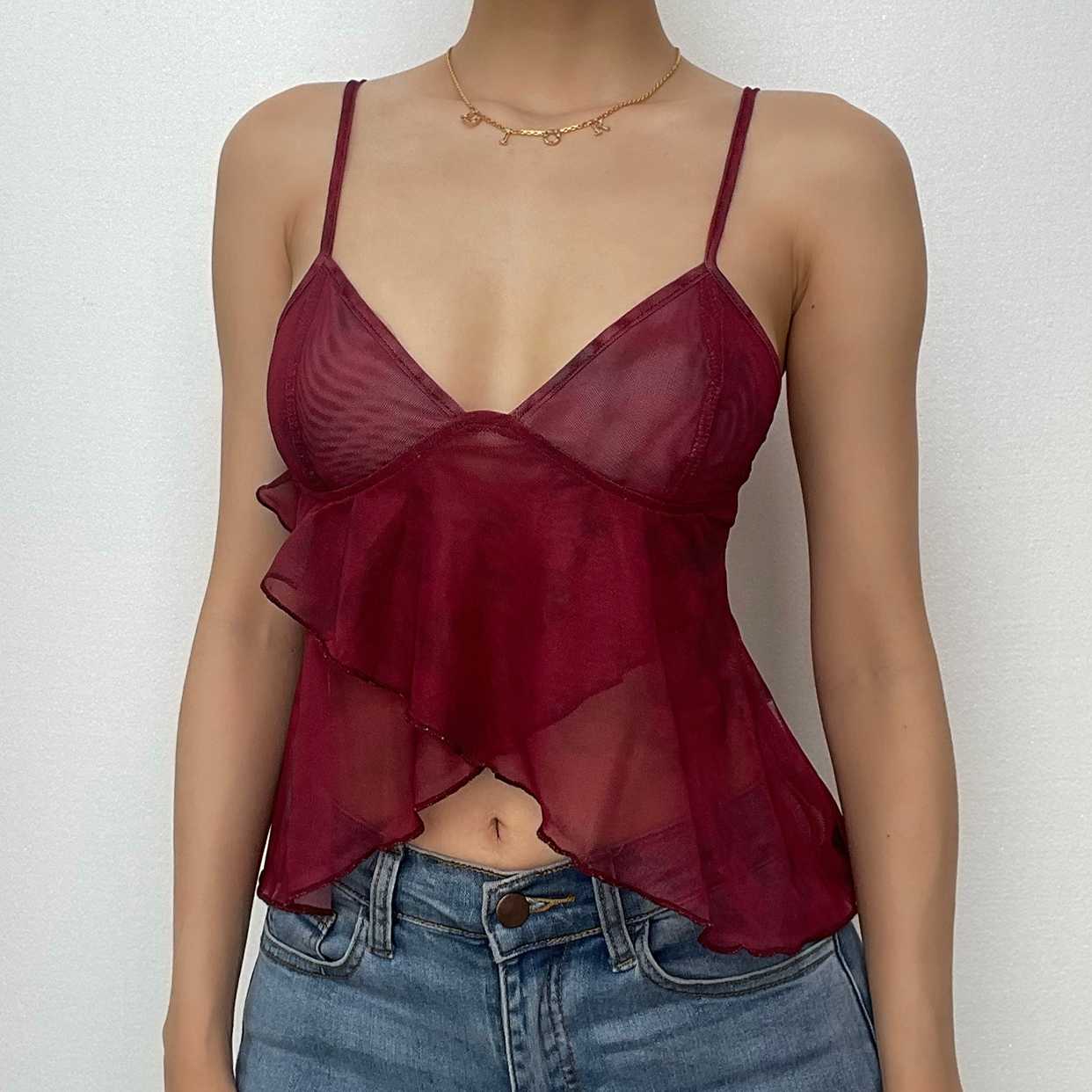 Sheer mesh see through v neck ruffle backless cami crop top – image 2
