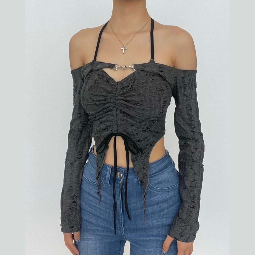 Ruched drawstring long sleeve halter slit off shoulder 2 piece top – image 9