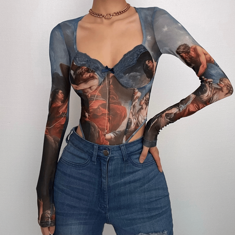 Abstract contrast mesh long sleeve lace hem bodysuit – image 1