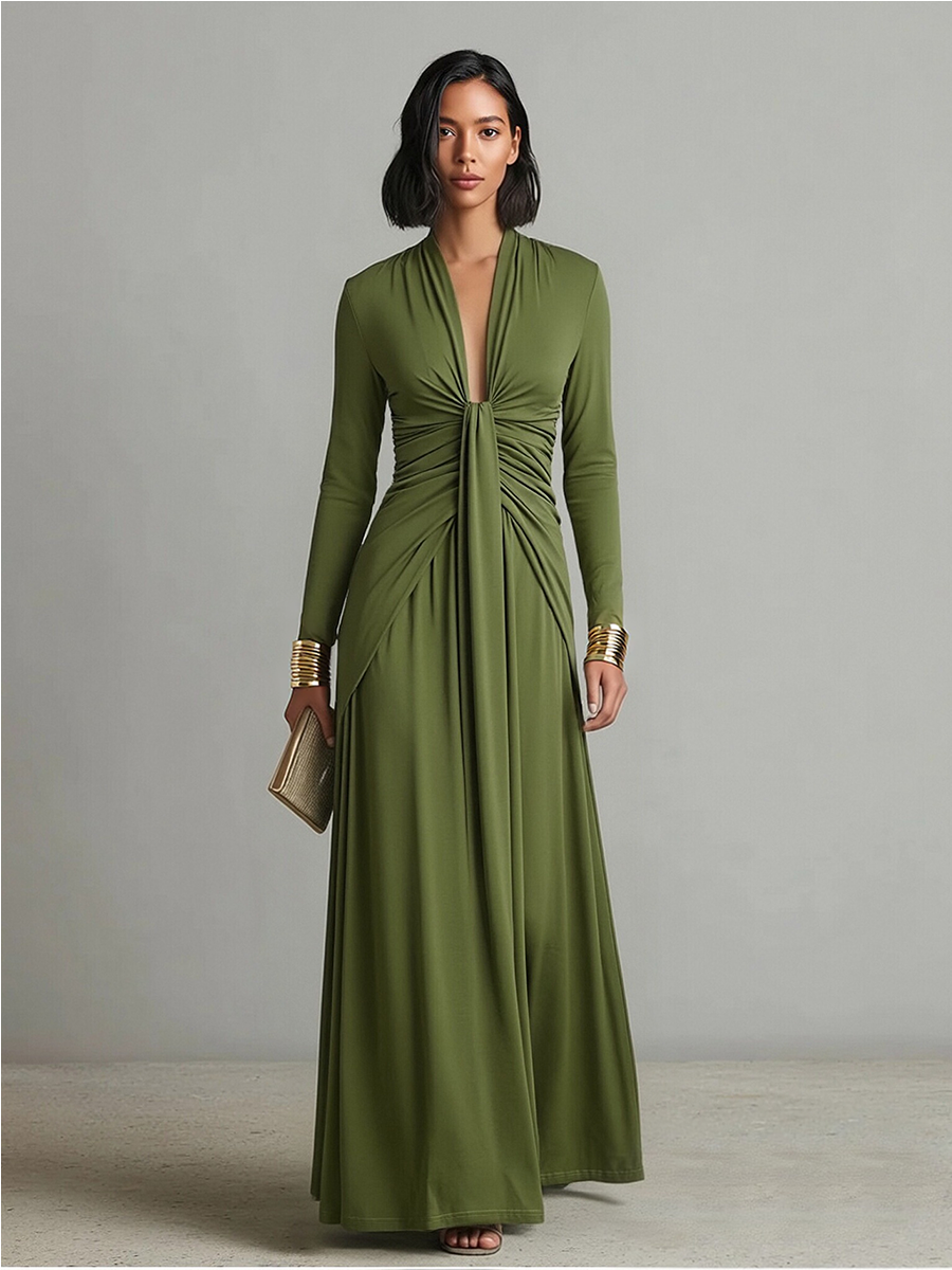 Olive Green Long Elastic Silk Dress with Deep V-Neck and Ruched Details, Glamorous Maxi Dress – image 5