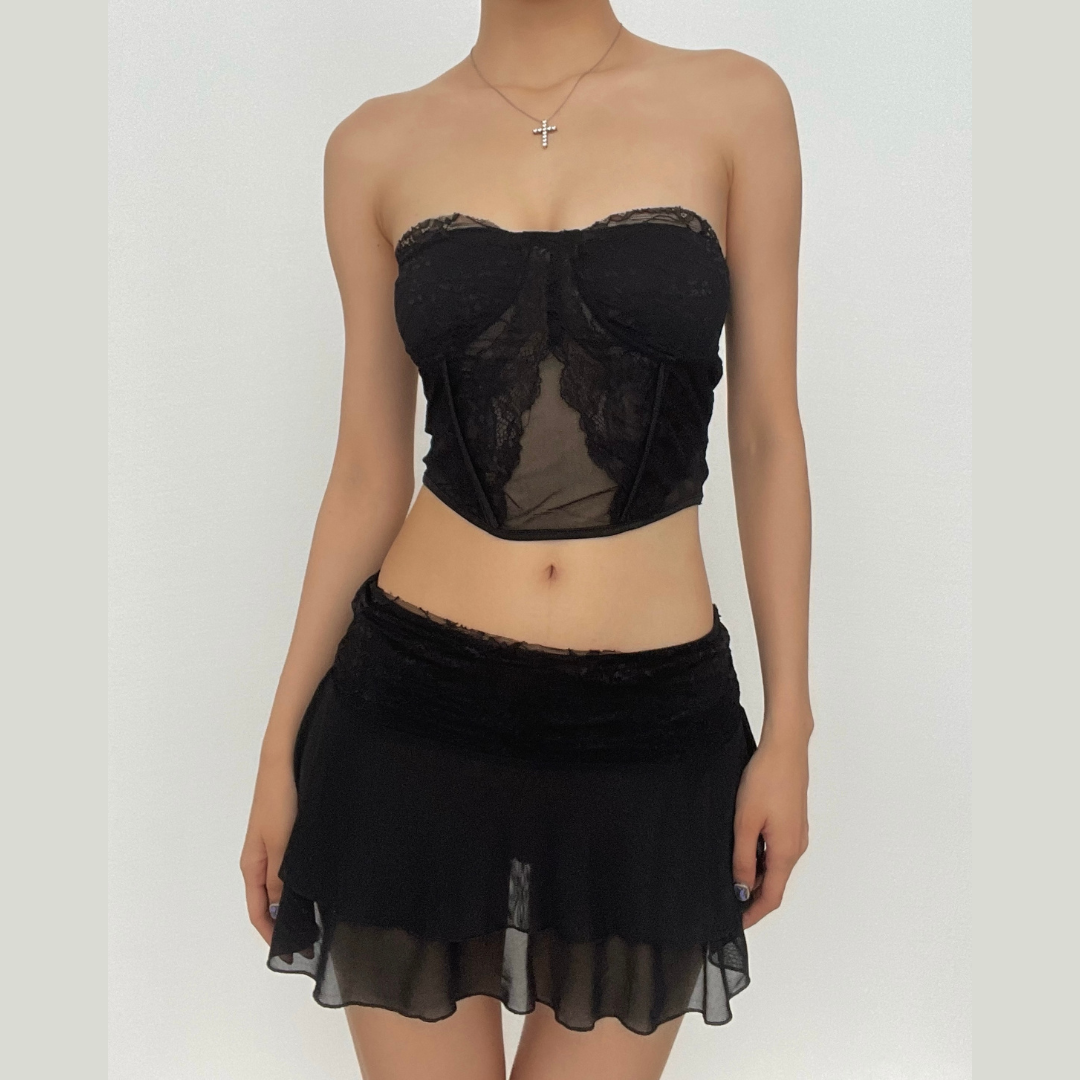 Mesh solid sleeveless backless lace hem tube top skirt set – image 13