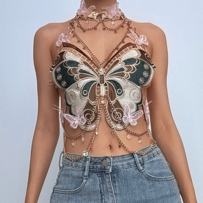 Butterfly embroidery metal chain halter top with choker – image 6