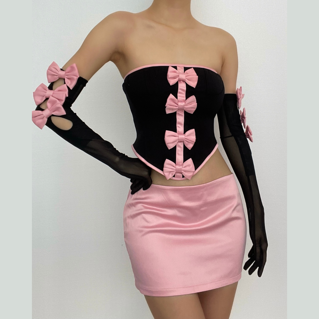 Mesh contrast bowknot gloves lace up tube backless mini skirt set – image 1