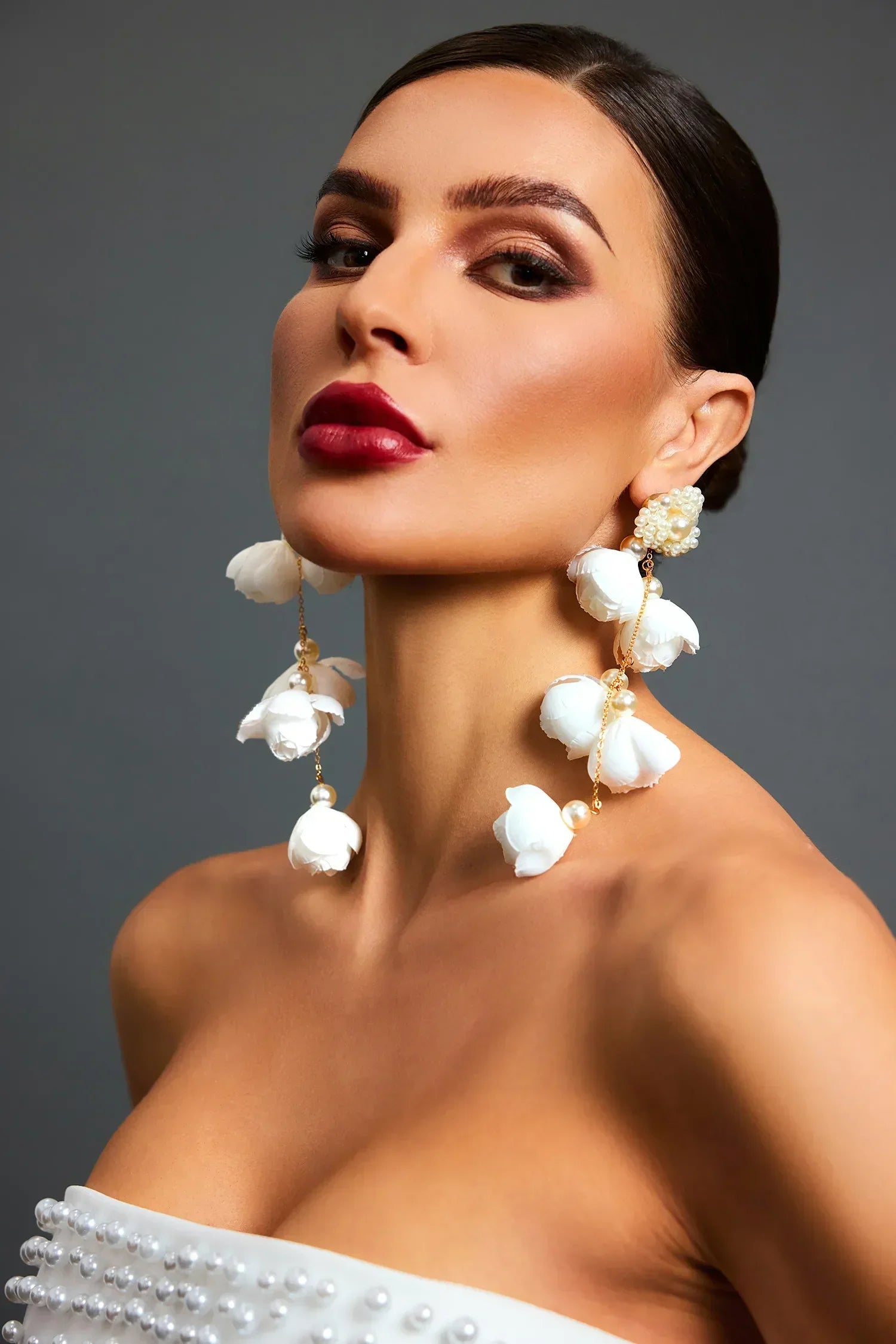 Camellia Earrings – White Flower &amp; Pearls – image 1